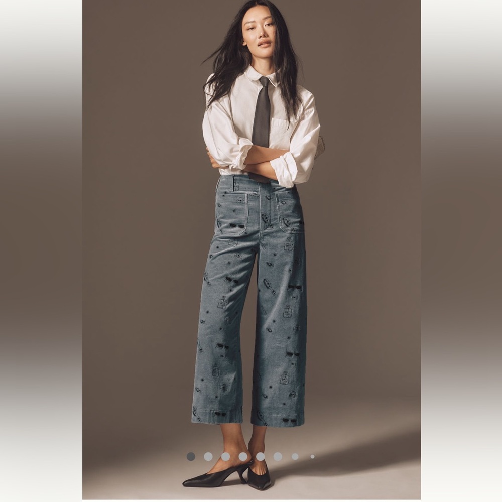 Maeve Blue Wide-Leg Embroidered Pants